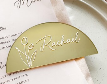 Personalised Gold Mirror Place Cards | Tulip Wedding Name Tags | Custom Bridal Shower Favors | Elegant Engagement Dinner Table Decor