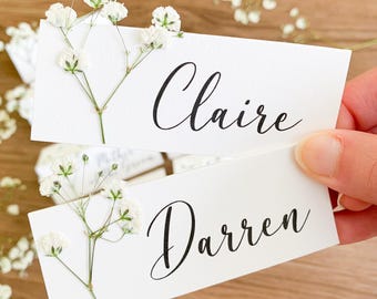 White Baby's Breath Personalized Placecards For Wedding, Bridal Shower Decor | Name Placecards with Pressed Flower | Classic Elegant Wedding