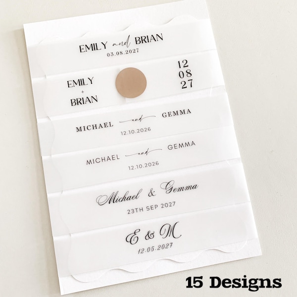 Banda de vitela personalizada para invitación de boda de 12,7 x 18,8 cm/Envoltura transparente personalizada para invitación de boda/Funda personalizada para sobre de invitación