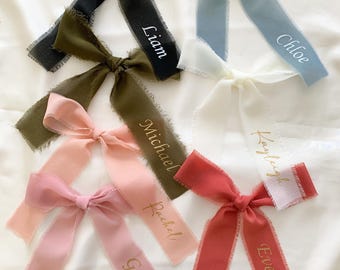 Personalised Chiffon Ribbon Name Tag | Wedding Place Card Ribbon | Silk Ribbon Bow for Bridal Shower, Bridesmaid Gift, Party Decor