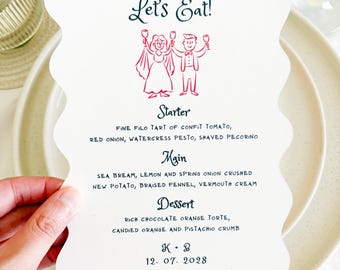 Custom Whimsical Scalloped Wedding Menu with Couple Handdrawn Illustration | Playful Wavy Edge Reception Menu | Die Cut Wedding Menu