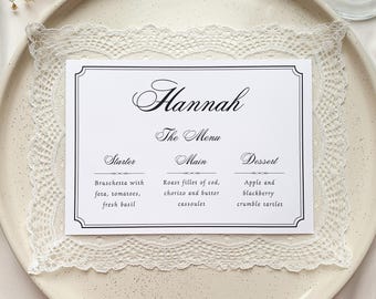 Old Money Style Lace Wedding Menu and Place Card | Elegant and Vintage All-in-one Menu | Placecard Menu with Lace Border For Birthday