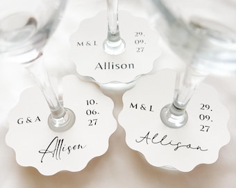 Minimalist Wedding Glass Place Cards|Personalised Name Tags for Drink|Modern Romance Wedding Wine Glass Place Cards|Champagne Glass Tags