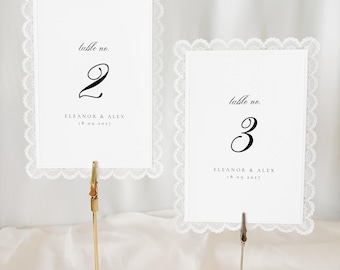 Vintage Lace Border Table Number with Embossed Line|Elegant Calligraphy Table Number|Old Money Lace Table Number |Modern Romance Table Decor