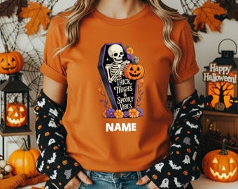 Thick thighs and spooky vibes Halloween Friends Shirt, Horror Movie Character Tee, Spooky Season Shirt, Matching Horror Group Outfit | H-57