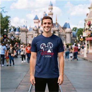 May include: A navy blue short-sleeved t-shirt featuring a white graphic of a Mickey Mouse ear silhouette filled with fireworks and a castle outline. Below the graphic, the text reads Disney 2026 in red, with small white stars surrounding the design.