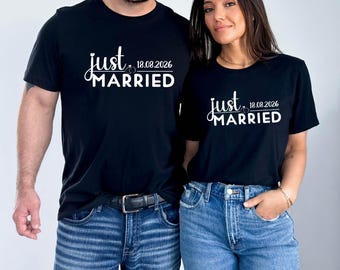 Just Married Honeymoon Couple T-Shirts, Wifey Hubby Wedding Vacation Outfit | HB-3