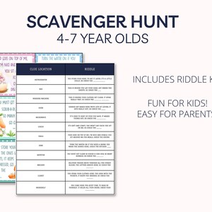 May include: A printable scavenger hunt game for kids ages 4-7. The game includes a list of clues and riddles with corresponding locations in the house, such as the refrigerator, oven, and couch. The game is designed to be fun for kids and easy for parents.