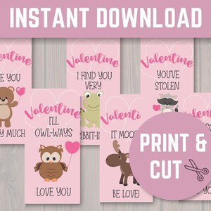 May include: Printable Valentine's Day cards featuring cute animal illustrations and puns. The cards are pink with white outlines and hearts. The text on the cards includes "I like you, Bear-y much", "I find you very, Ibbbit-ii", "You've stolen, my heart", "I'll owl-ways, love you", "It moo, be love!" and "You're so, wood-erful". The text "Print & Cut" is also included on the image.