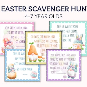 Puede incluir: Un conjunto de cinco tarjetas coloridas con gnomos e ilustraciones con temática de Pascua. Cada tarjeta tiene un acertijo sobre una habitación de una casa, como la cocina, el baño y el dormitorio. El texto en las tarjetas dice: "Aquí guardas la comida para comerla más tarde, es un poco, ve a comprobar", "Aquí se hornean las galletas con mucho cariño, hace mucho calor, ve", "Aquí es donde se limpia la ropa, muy rápido, comprueba", "Aquí es donde pones tu ropa, ve debajo, ve a comprobar", "Aquí vienes para estar tranquilo, para leer solo, contiene todos tus libros, ve a comprobar".