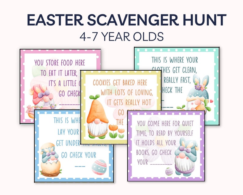 May include: A set of five colorful cards with gnomes and Easter-themed illustrations. Each card has a riddle about a room in a house, such as the kitchen, bathroom, and bedroom. The text on the cards reads: "You store food here to eat it later, it's a little, go check", "Cookies get baked here with lots of loving, it gets really hot go", "This is where your clothes get clean, really fast, heck the", "This is where you lay your get under go check your", "You come here for quiet time, to read by yourself it holds all your books, go check your".