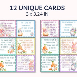 May include: Twelve pastel-colored cards with illustrations of gnomes and bunnies. Each card has a different rhyme about a room in a house. The cards are 3 inches by 3.24 inches.