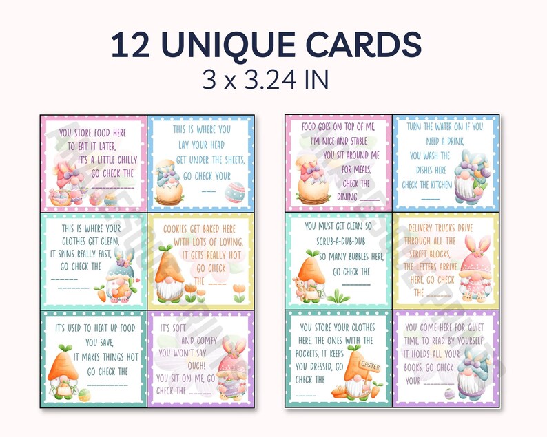 May include: Twelve pastel-colored cards with illustrations of gnomes and bunnies. Each card has a different rhyme about a room in a house. The cards are 3 inches by 3.24 inches.