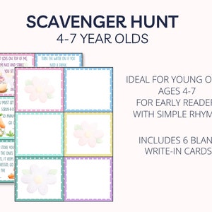 May include: A set of six colorful cards with a scavenger hunt theme for young children. The cards feature illustrations of a bunny, a carrot, and flowers. The text on the cards includes rhymes and instructions for the scavenger hunt. The cards are ideal for early readers and include blank cards for writing in.