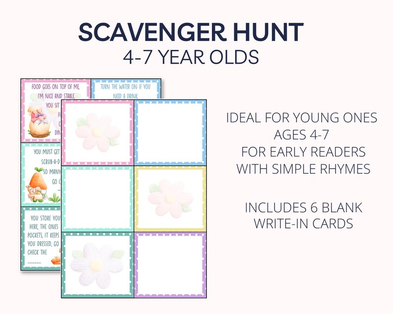 May include: A set of six colorful cards with a scavenger hunt theme for young children. The cards feature illustrations of a bunny, a carrot, and flowers. The text on the cards includes rhymes and instructions for the scavenger hunt. The cards are ideal for early readers and include blank cards for writing in.