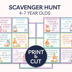 May include: A printable Easter scavenger hunt for kids ages 4-7. The cards feature colorful illustrations of gnomes and bunnies with Easter-themed clues. The text on the cards includes phrases like "You store food here to eat it later" and "This is where your clothes get clean".