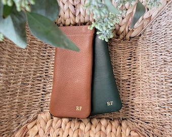 Genuine Leather Personalized Glasses Case: Squeeze Top Pouch, Handmade in USA