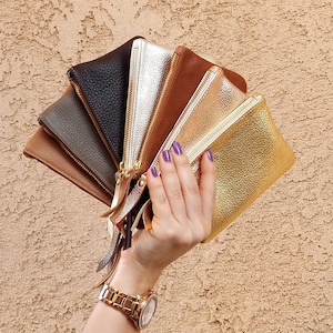 Porte-monnaie en cuir véritable | Pochette en cuir métallisé | Portefeuille en cuir doré métallisé| Petit sac en cuir| Porte-cartes de crédit | Portefeuille zippé