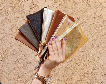 Monedero de piel auténtica / Cartera de piel metalizada / Cartera de piel metalizada dorada / Bolso pequeño de piel / Tarjetero / Cartera con cremallera