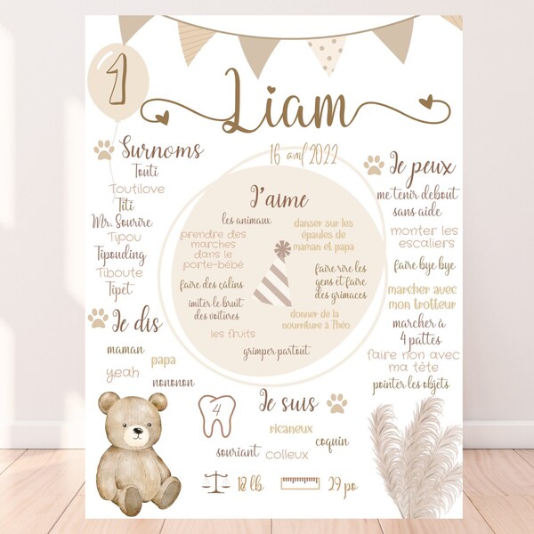 Personalized teddy bear first birthday poster, boho teddy bear 1 year poster, baby party poster