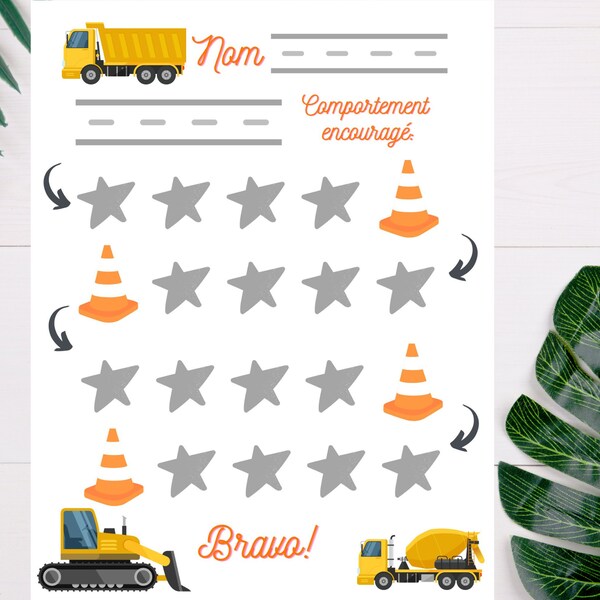 Tableau de récompense camion, feuille de comportement camion, truck behavior chart boys, tableau de renforcement positif, truck potty chart