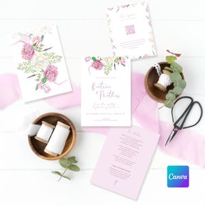 Ensemble Faire-part - RSVP - collection Béatrice, Version digitale, éditable Canva, thème rose et lilas, floral, printanier. Divers versions