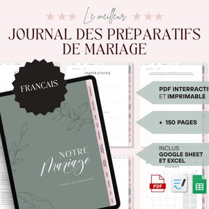 Journal de préparatifs de mariage vert sauge– version imprimable & numérique + Google sheet et Excel
