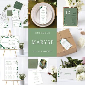 Pakket met trouwkaarten en briefpapier, digitale versie van Canva, groen, gebladerte, groen. Bruiloftsborden, elegant, chique