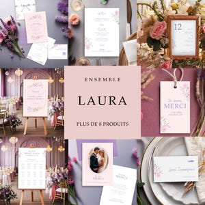Bundle Faire-part + papeterie mariage, version digitale Canva, rose lavande, fleurs. Signalisation mariage, élégant, chic, féérique - LAURA