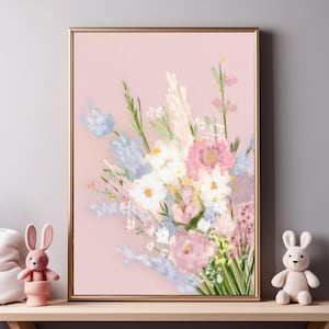 Affiche de bouquet floral  – Décoration murale romantique, illustration de fleurs douces sur fond rose, art numérique téléchargeable