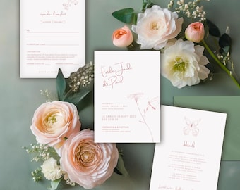 Op de afbeelding: Huwelijksuitnodigingsset met een bloemen- en vlinderthema. De uitnodigingskaart heeft de namen "Emilie Jade & Paul" in roze schrift met een bloemenillustratie. De RSVP-kaart heeft een roze bloemenontwerp en de tekst "RSVP alsjeblieft". De detailkaart heeft een roze vlinderillustratie en de tekst "Details".