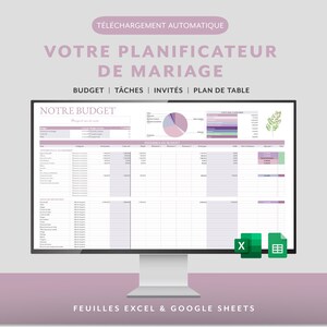 Peut inclure: Un écran d'ordinateur affichant un tableur de planification de mariage avec un schéma de couleurs rose et violet. Le tableur comprend des sections pour le budget, les tâches, les invités et un plan de table. Le texte à l'écran indique "Votre planificateur de mariage" et "Notre budget". L'écran est intitulé "Téléchargement automatique Excel & Google Sheets".