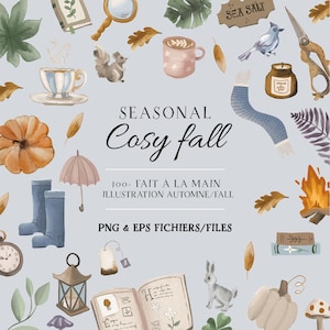 Pode incluir: Ilustração em aquarela com um tema de outono aconchegante. Apresenta uma abóbora, botas, uma xícara de café, um cachecol e o texto "SEASONAL Cosy fall". Inclui outros elementos com tema de outono, como folhas, um esquilo e um pássaro.