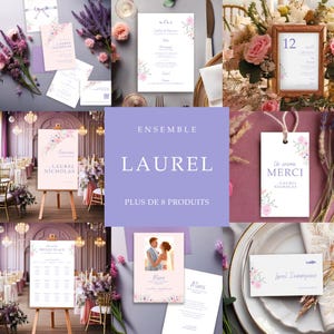 Bundle Faire-part + papeterie mariage, version digitale Canva, rose lavande, fleurs. Signalisation mariage, élégant, chic, féérique