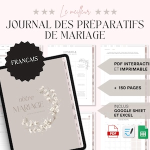 Peut inclure: Un planificateur de mariage numérique avec le texte "JOURNAL DES PRÉPARATIFS DE MARIAGE" et "FRANÇAIS". Le planificateur comprend des conseils, est imprimable et contient plus de 150 pages. Il comprend également l'intégration de Google Sheet et Excel.
