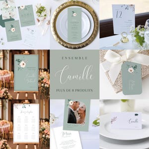 Bundle Faire-part + papeterie mariage, version digitale Canva, vert sauge, floral, doux. Signalisation mariage, élégant, chic