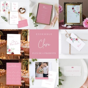 Bundle Faire-part + papeterie mariage, version digitale Canva, rose blush, floral, doux. Signalisation mariage, élégant, chic