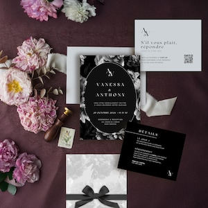 Ensemble Faire-part - RSVP - collection Vanessa, Version digitale, éditable Canva, thème noir et blanc, floral, élégant. Divers versions