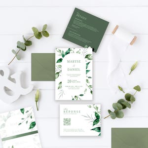 Ensemble Faire-part - DÉTAILS - RSVP - collection Maryse, Version digitale, éditable Canva, thème verdure, feuillage, vert, printemps été.