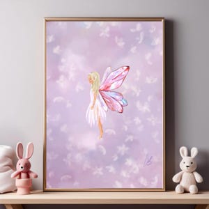 Affiche fée enchantée rose – Illustration magique pour chambre d’enfant, art numérique à télécharger, décoration murale douce et poétique