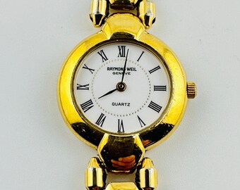 Vtg Raymond Weil Geneve Watch Women 23mm 18K Gold Plated New Battery 6.75\