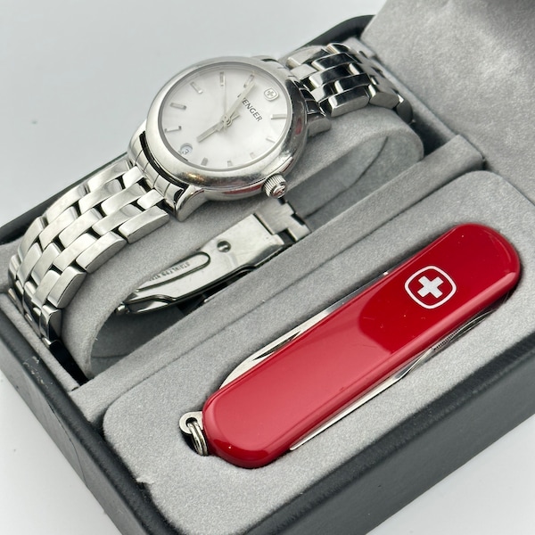 Swiss Army Wenger Silver Grenadier Stainless Steel Ladies Watch & Wenger Pocket Knife set