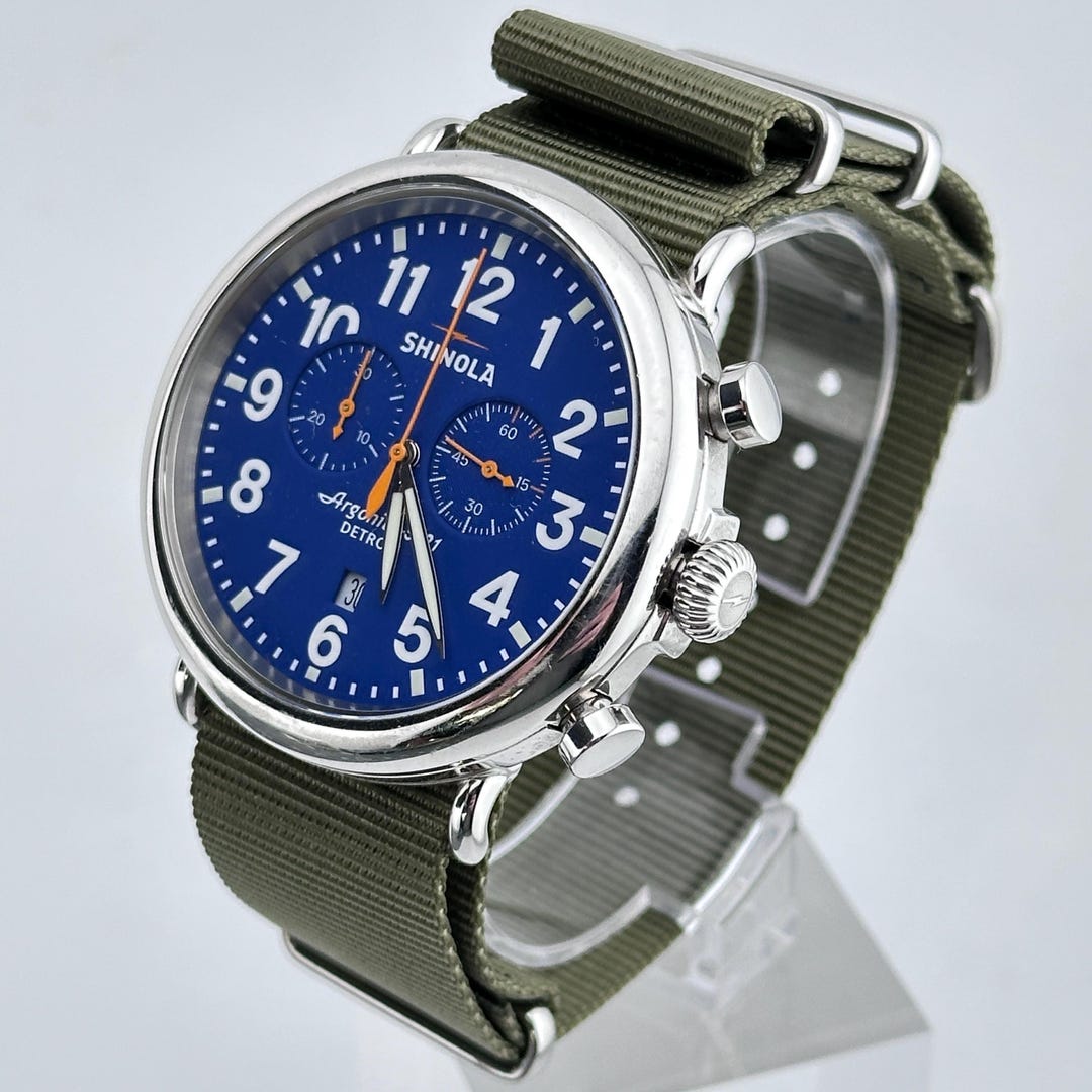 Shinola Runwell Men's Chronograph Watch: Blue Dial, Olive NATO