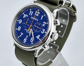 Shinola Runwell Men's Chronograph Watch: Blue Dial, Olive NATO Strap