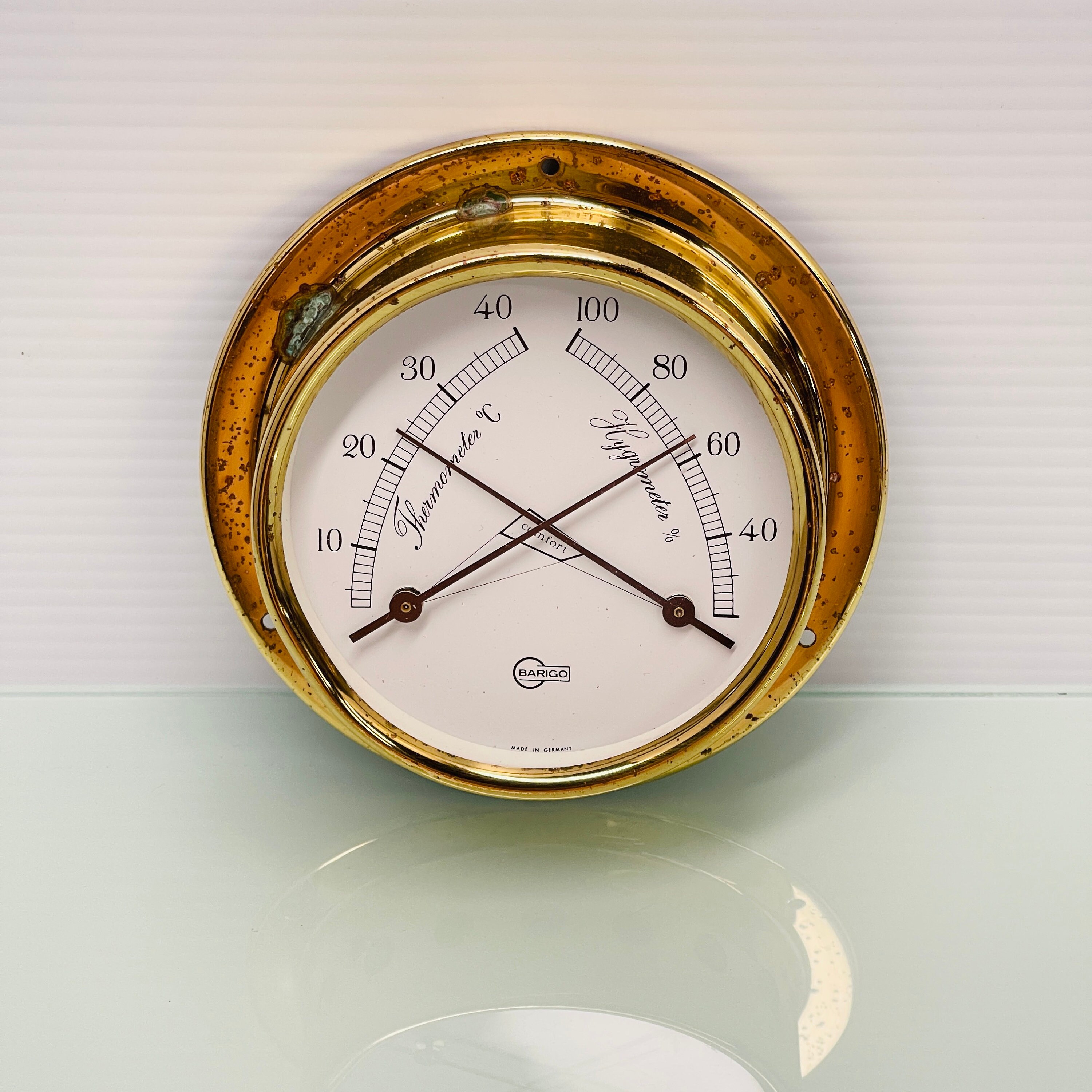 Vintage hygrometer thermometer, Metal hygrometer, Poland hygrometer