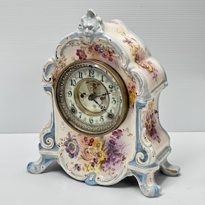 Ansonia Open Escapement Royal Bonn Antique Porcelain Uranium Glass Dial Mantel Clock c.1881