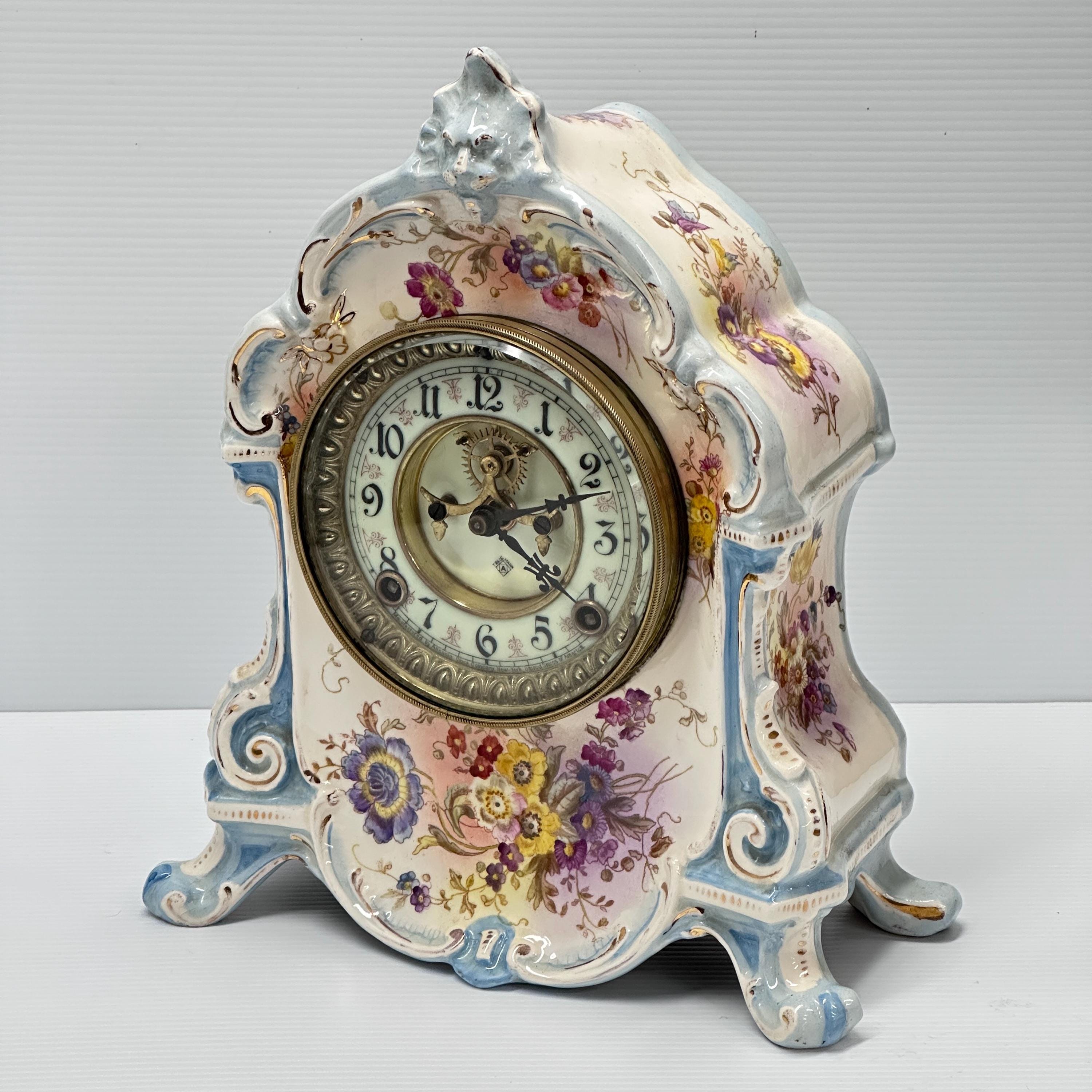 Ansonia Open Escapement Royal Bonn Antique Porcelain Uranium Glass