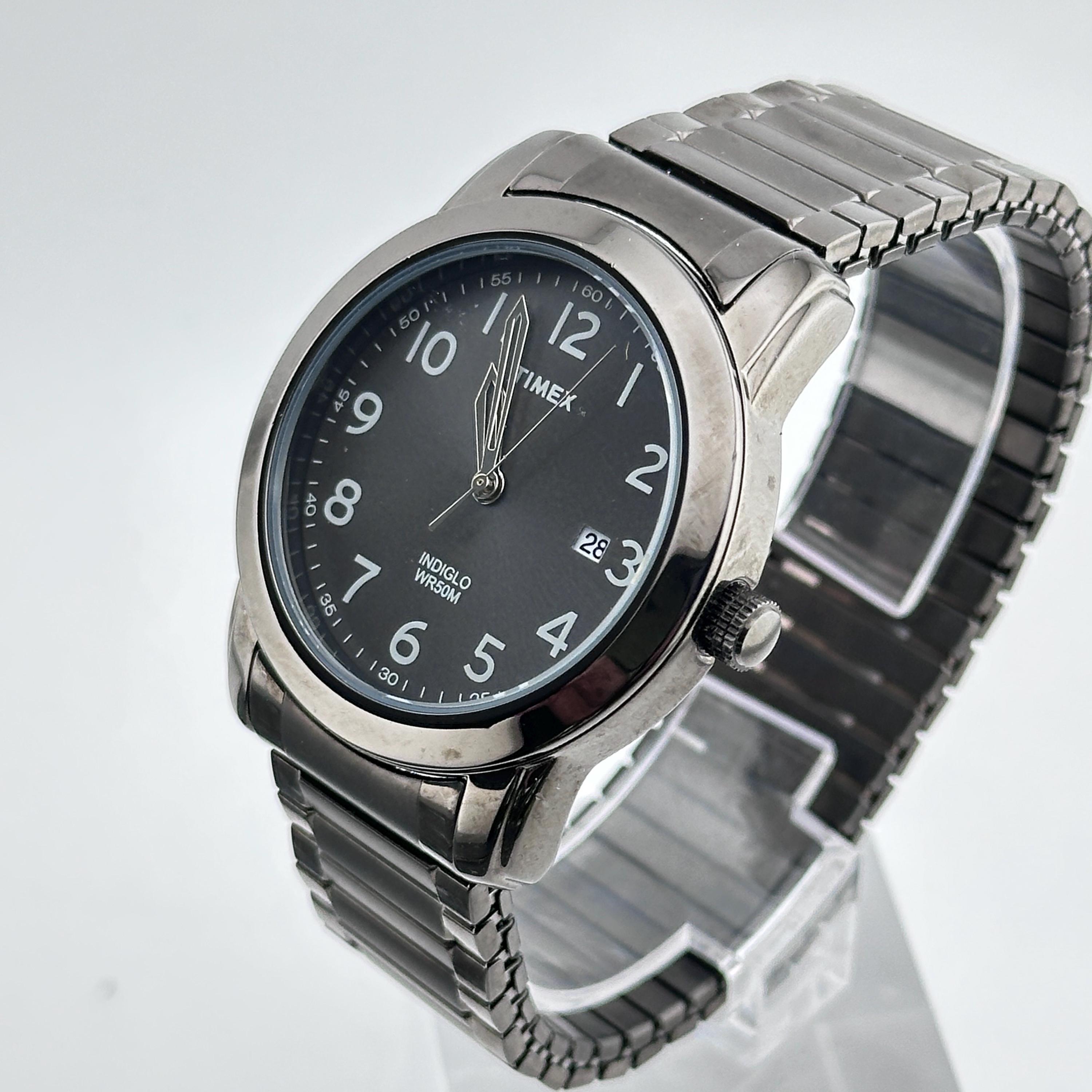 TIMEX INDIGLO 腕時計 ステンレススチールバンド Timex Indiglo 39mm Mens Date Black Stainless Steel Wristwatch - Etsy