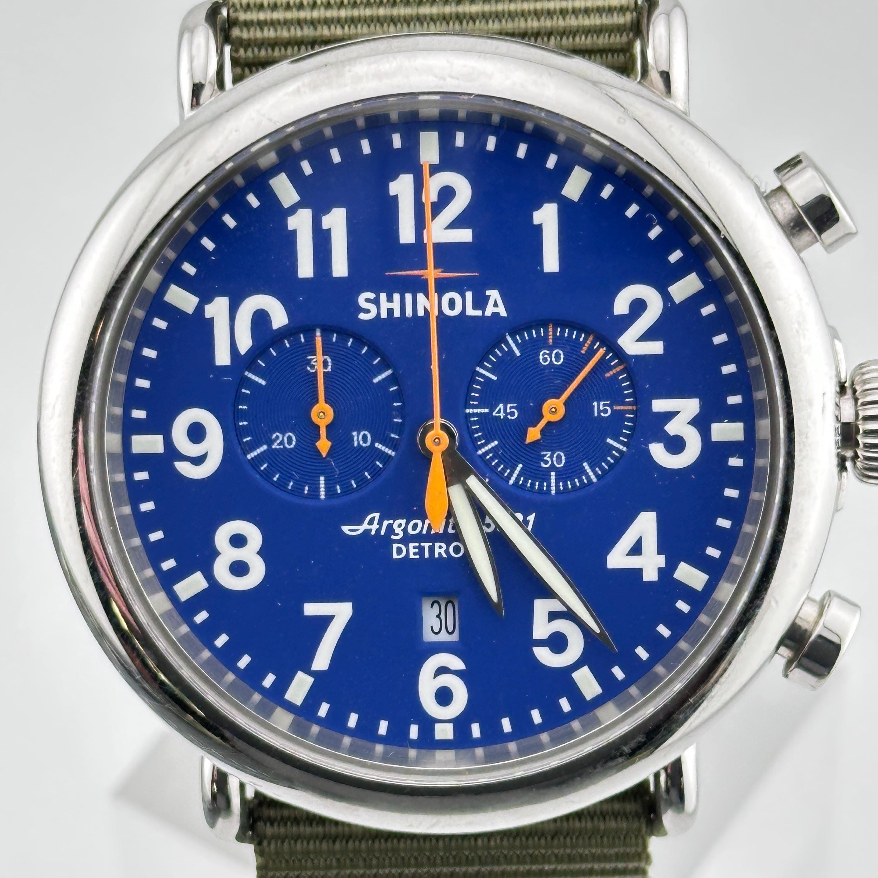 Shinola Runwell Men's Chronograph Watch: Blue Dial, Olive NATO