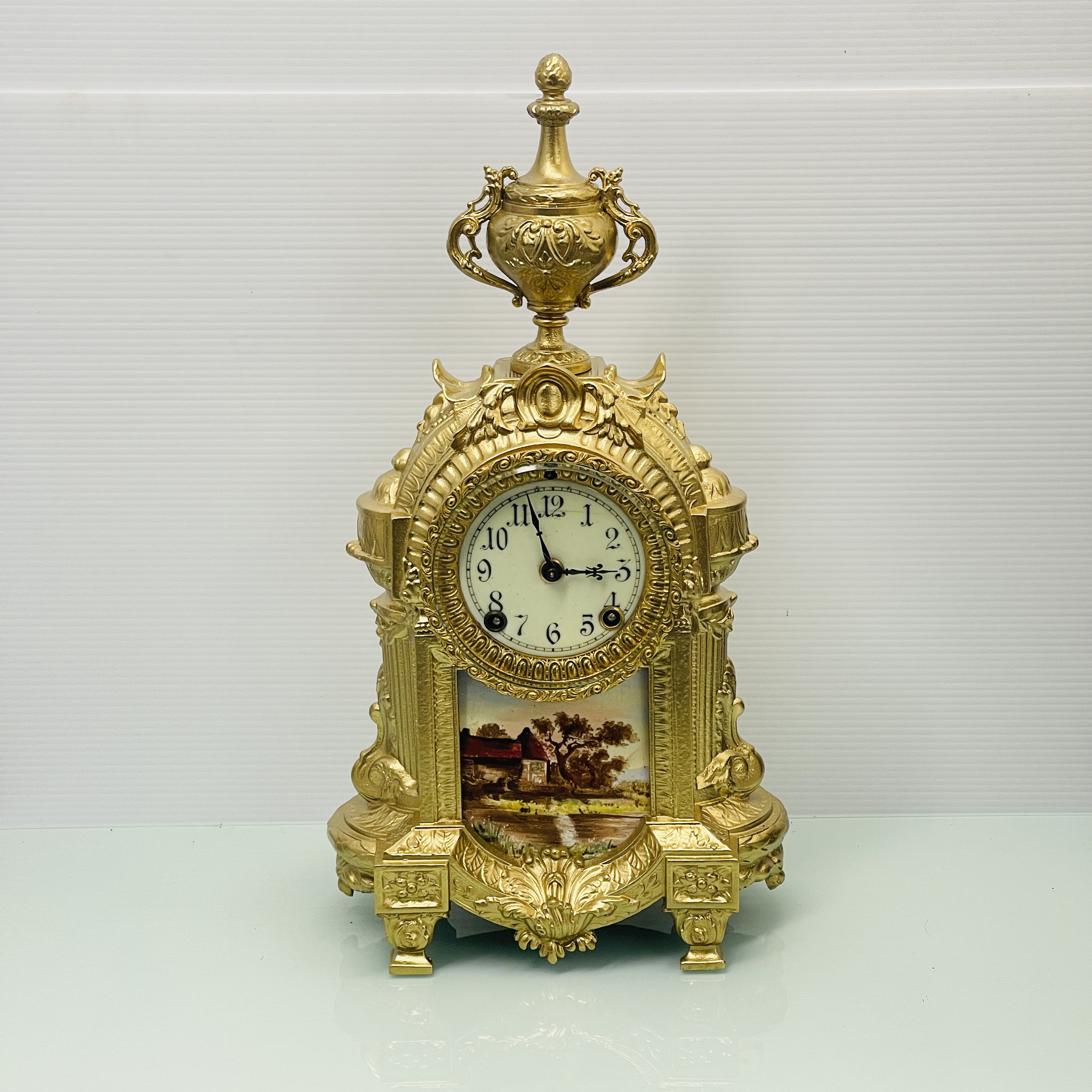 Ansonia Ormolu and Royal Bonn German Hand-painted Ceramic Mantel